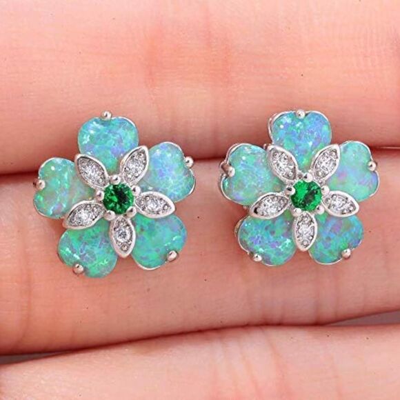 925 Sterling Silver with Green Fire Opals and Green Quartz Flower Stud Earrings - Picture 3 of 6